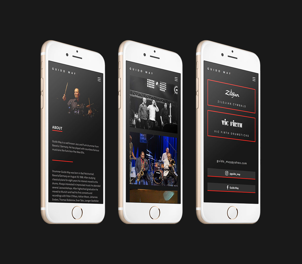 Iphones mit mobiler Version der Website von Schlagzeuger Guido May